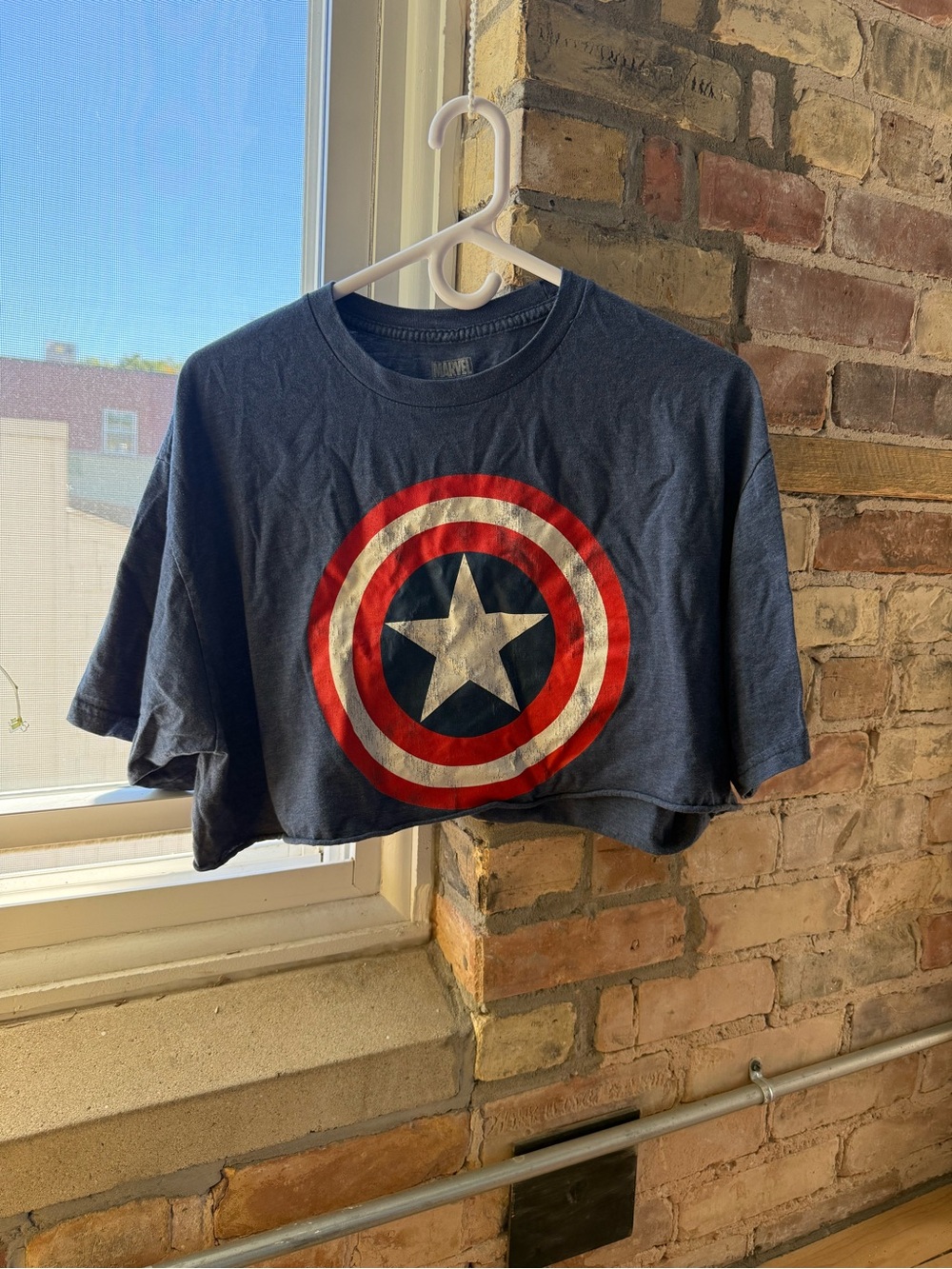 Marvel Navy Cropped Tee with Red & White Captain America Shield